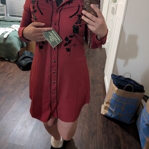 Roper Red Long Sleeve Dress with Black Embroidery